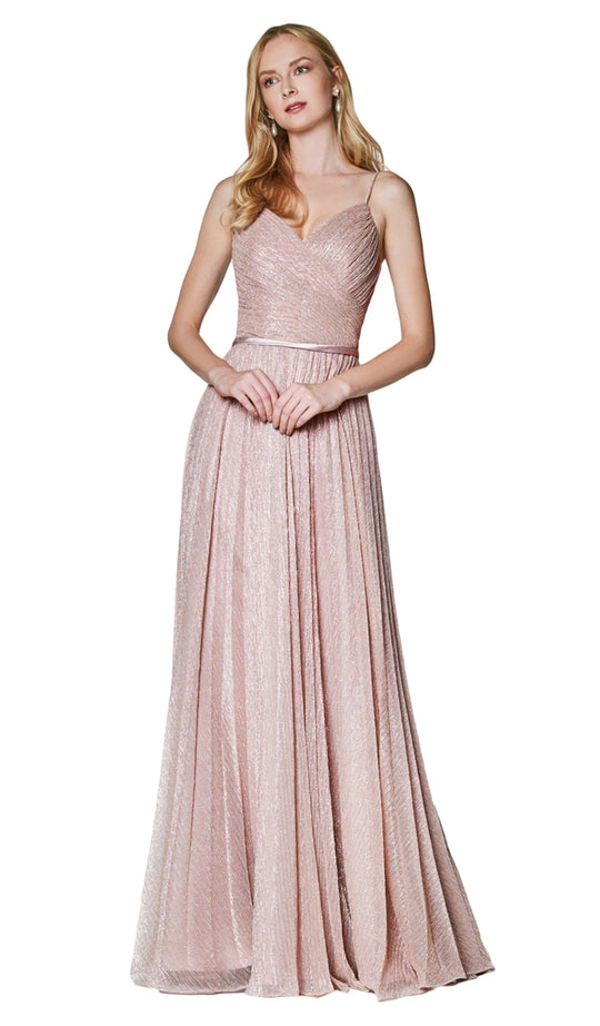 Cinderella Divine - CJ269 Shirred Surplice Metallic Knit A-Line Gown In Pink