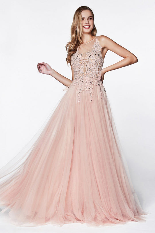 Cinderella Divine - CJ501 Jeweled Lace A-line Gown In Pink