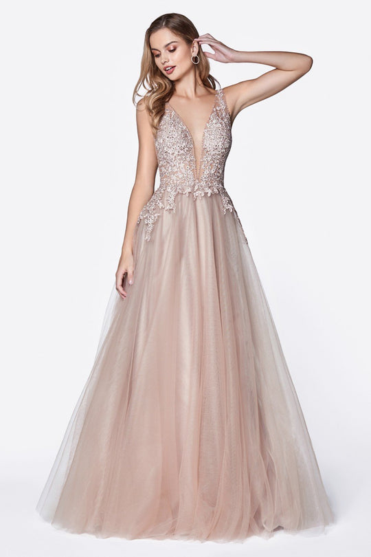 Cinderella Divine - CJ511 Long Plunging Appliqued Bodice Tulle Dress In Pink