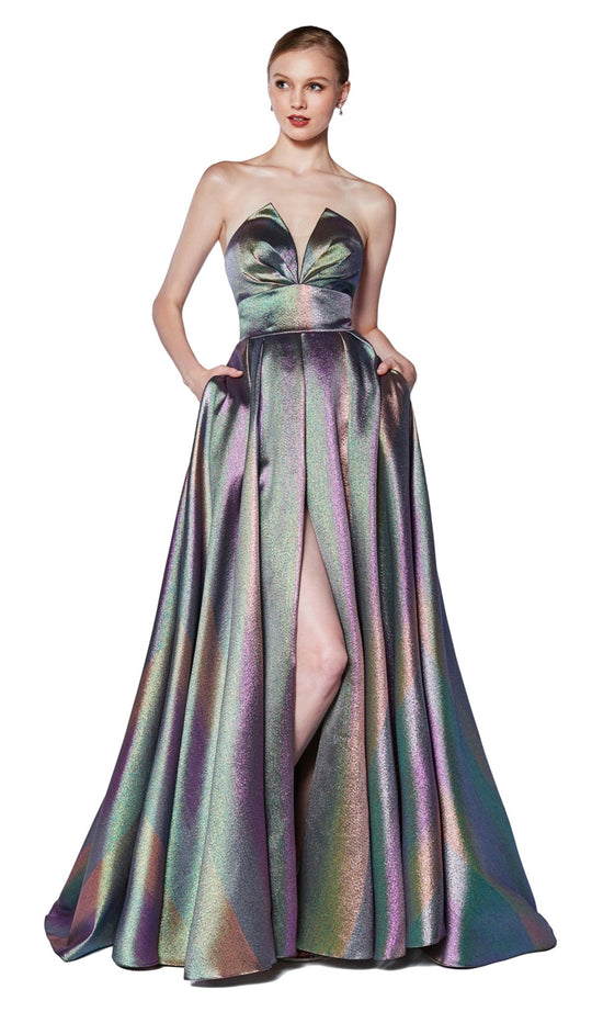 Cinderella Divine - CJ518 Strapless High Slit Metallic A-Line Gown In Multi-Color