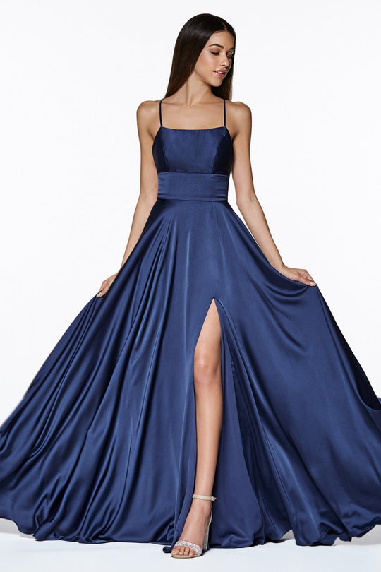 Cinderella Divine - CJ527 Long Crisscross Back Satin A-Line Dress In Blue