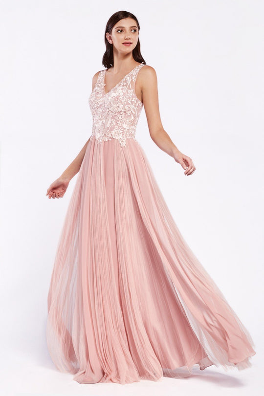 Cinderella Divine - CJ528 Lace V-neck Tulle A-line Gown In Pink