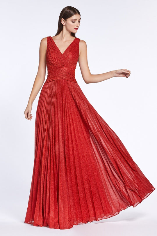 Cinderella Divine - CJ530 Long Pleated Metallic A-Line Dress In Red