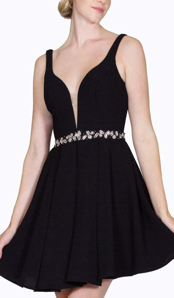 Embellished Deep V-neck Short A-line Dress