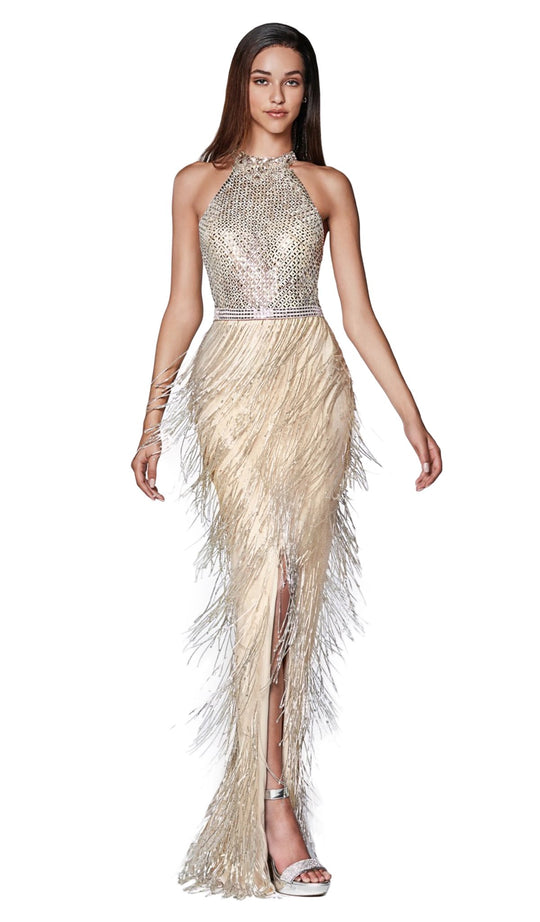 Cinderella Divine - CK820 Geo-Beaded High Halter Fringed Gown In Neutral