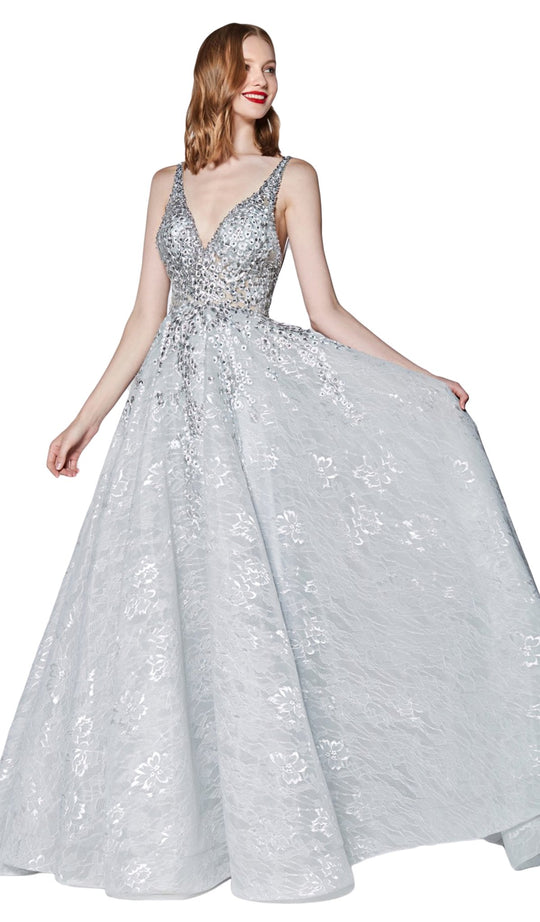 Cinderella Divine - CK831 Plunging Embroidered Floral Lace Gown In Silver