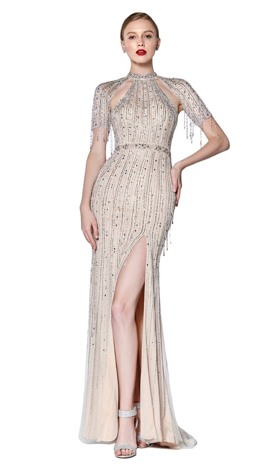 Cinderella Divine - CK838 Short Sleeve Jewel Fringed High Slit Gown In Silver and Neutral