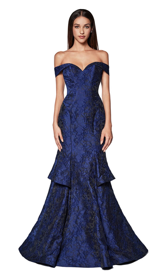 Cinderella Divine - CK849 Off Shoulder Tiered Brocade Trumpet Gown In Blue