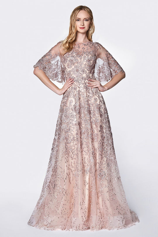 Cinderella Divine - CK881 Embroidered Bell Sleeve A-line Gown In Pink