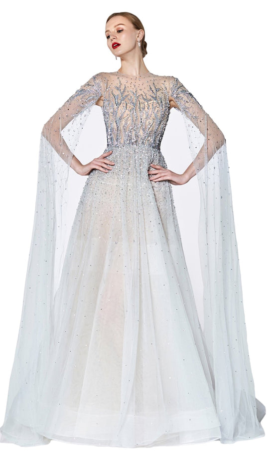 Cinderella Divine - CK891 Bejeweled Illusion Cascading Sleeve Gown In Blue