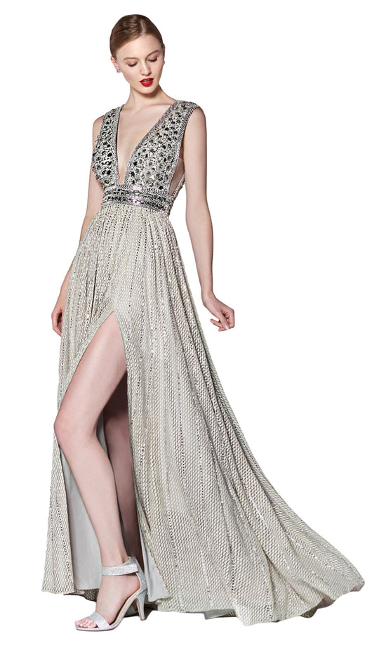 Cinderella Divine - CK892 Plunging Geo-Beaded Bodice High Slit Gown In Silver