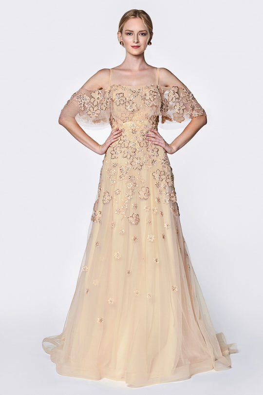 Cinderella Divine - CK896 Floral Embellished Off-Shoulder A-line Gown In Gold