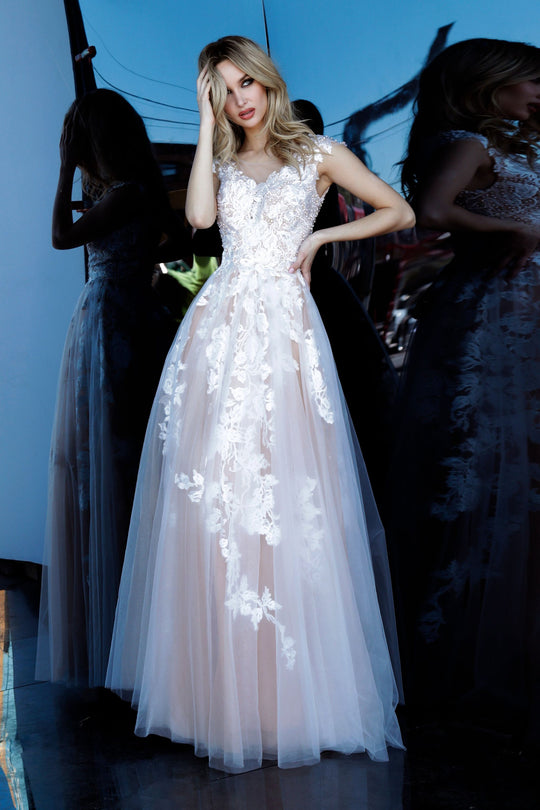 Jovani - 68294 Beaded Tulle A-line Dress In White