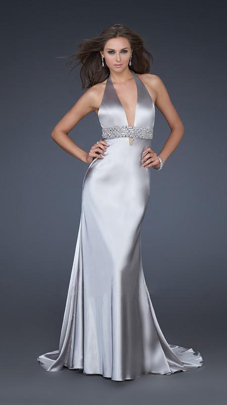 La Femme 14743 Plunging Halter Embellished Waist Gown - 1 pc Silver in size 6 Available