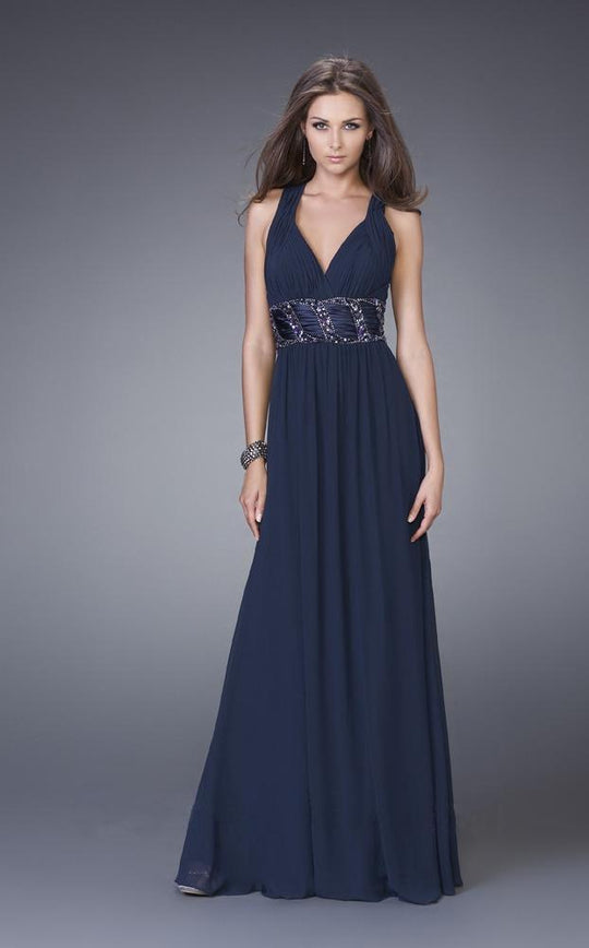 La Femme - Bead Embellished Halter Neck A-line Dress 15064 In Blue