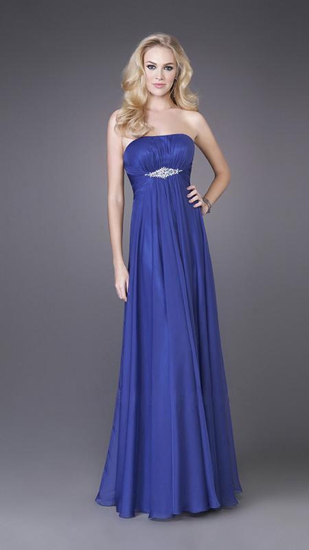 La Femme - Ruched Straight Neck Embellished Chiffon A-line Gown 15720 In Blue