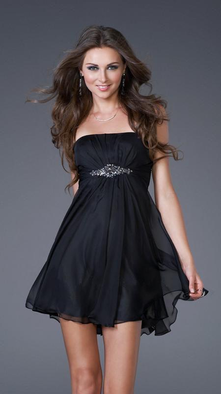 La Femme - Jewel Embellished Ruched Straight neck Chiffon A-line Dress 15851 In Black