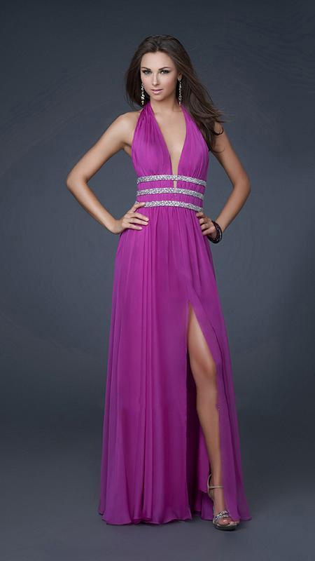 La Femme - Silver Embellished Ruched Halter Neck Chiffon A-line Gown 16123 in Purple