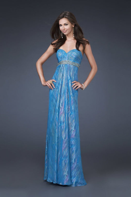 La Femme - Iridescent Strapless Sweetheart Long Sheath Dress 16189 in Blue