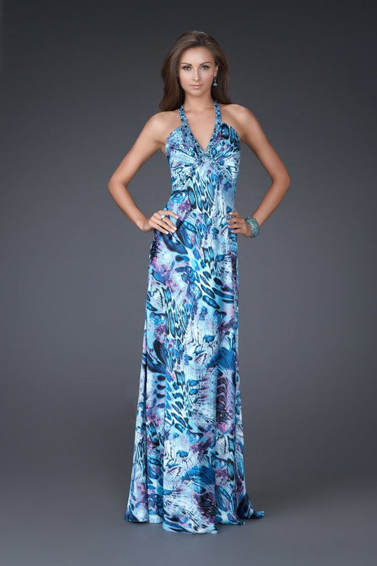 La Femme - Embellished V-Neck Long A-line Gown 16270 in Blue