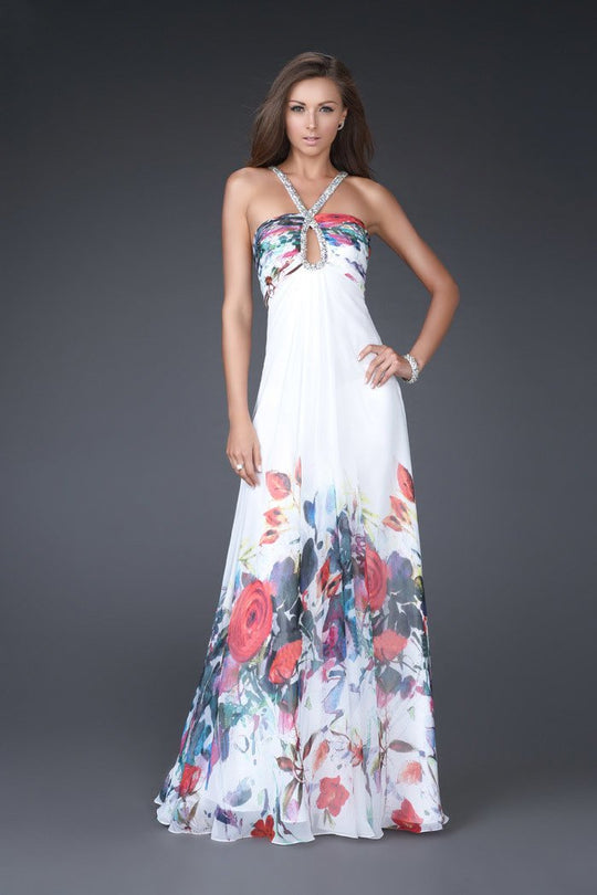 La Femme - Embellished Pleated Straight Neck Long A-line Gown 16447 in White and Multi-Color