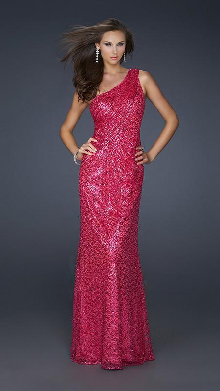 La Femme One Shoulder All Over Sequin Sheath Evening Gown 17018 In Pink