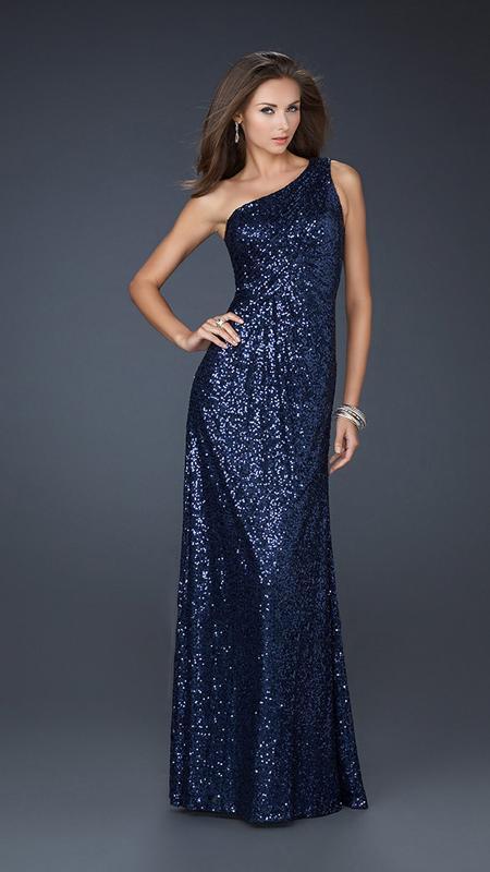 La Femme - One Shoulder All Over Sequin Evening Gown 17018 in Blue