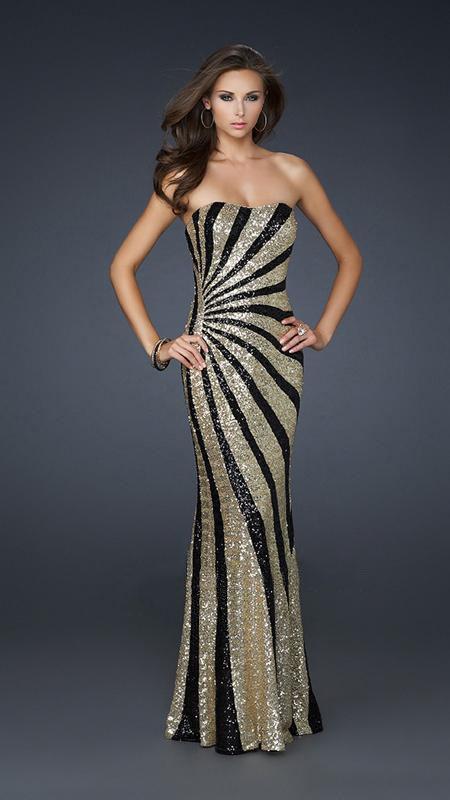 La Femme - Strapless Sequined Fitted Evening Gown in Gold and Black