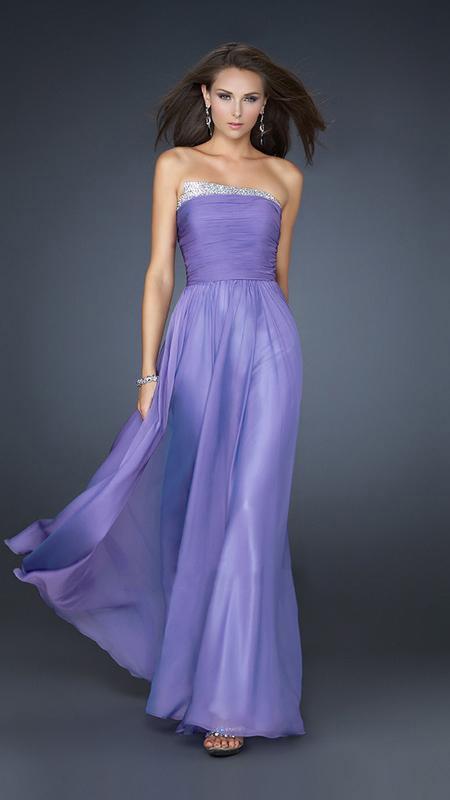 La Femme - Embellished Pleated Straight Neck Chiffon A-line Gown 17475 in Purple