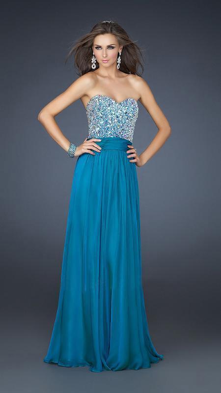 La Femme - Embellished Strapless Ruched Evening Gown in Blue