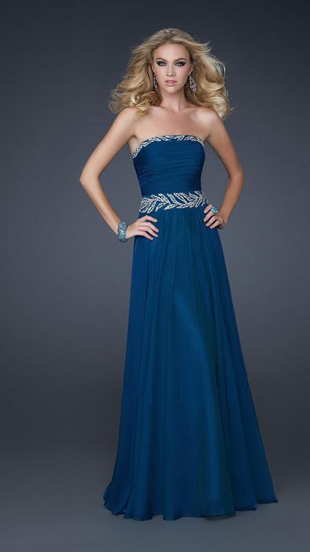 La Femme - Strapless Long Gown with Embellished Waist 17505 In Blue