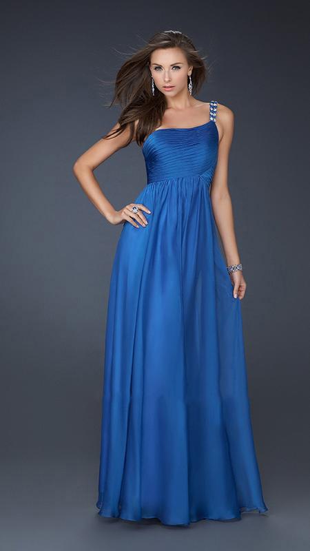 La Femme - Ruched Bodice One Shoulder Long Dress 17575 in Blue