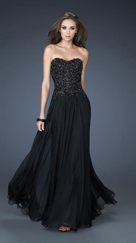 La Femme - 18199 Strapless Bead Ornate Ribbed Sweetheart A-Line Gown in Black