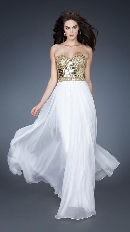 La Femme - Natural Long Gown with Jeweled Bodice 18626 In White