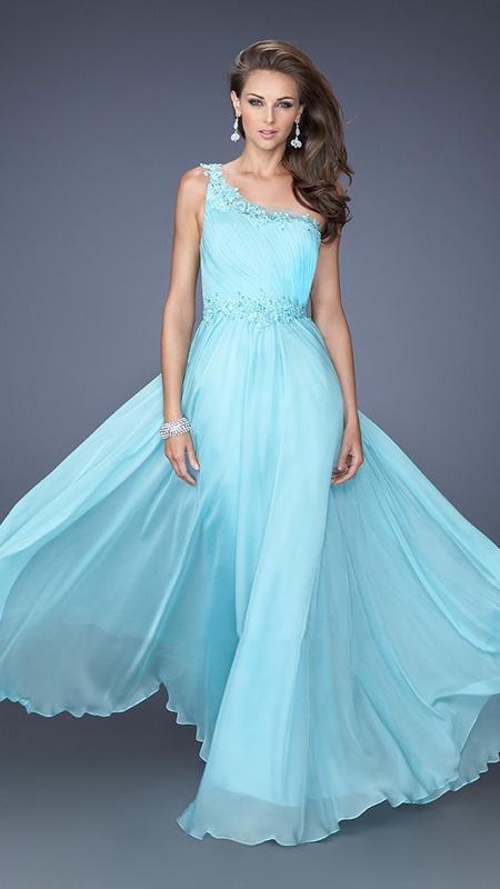 La Femme - Asymmetric Long Embellished Dress 19706 in Blue