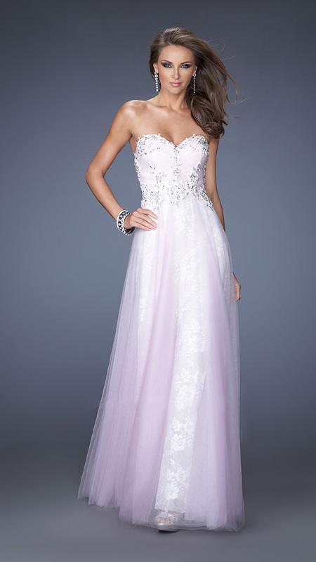 La Femme - Long Strapless Sweetheart Dress with Layered Tulle Skirt 19967 in Purple and Neutral