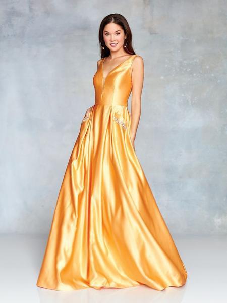 Clarisse - 3741 V Neck Corset Lace Up Back Satin Dress In Gold