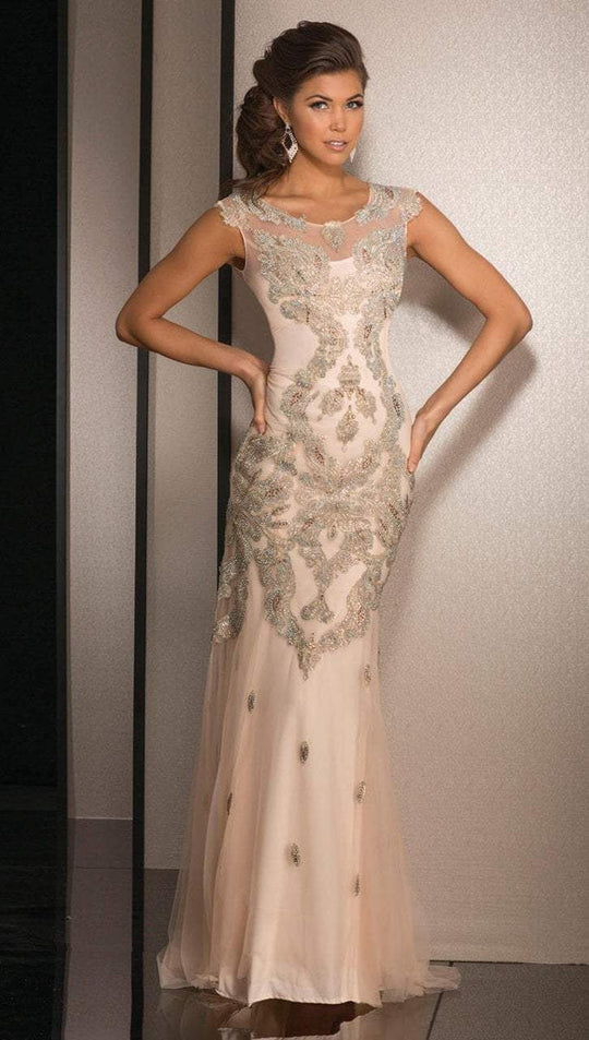 Clarisse - 4506 Scoop Applique Sheath Evening Gown in Neutral