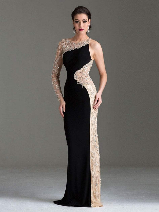 Clarisse - Embellished Asymmetrical Evening Gown M6146 in Black and Neutral
