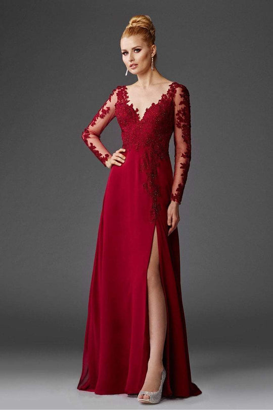 Clarisse - Long Sleeved Lace Applique Gown M6429 in Red and Brown