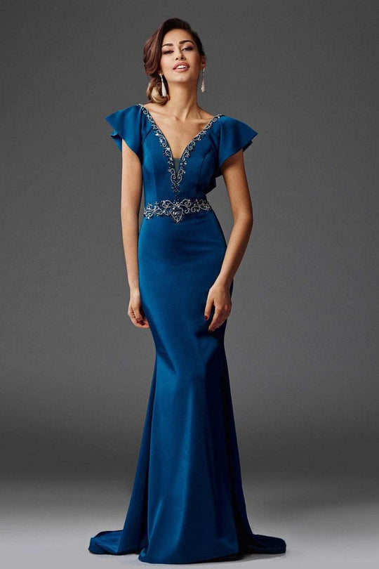 Ruffle Sleeve Embellished Gown M6440 in Teal