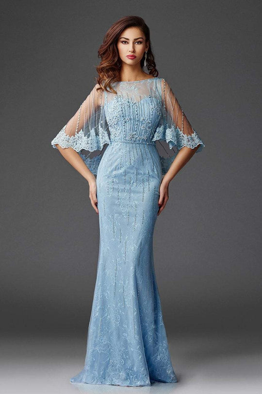 Clarisse - Lace Capelet Shimmering Evening Gown M6445 in Blue