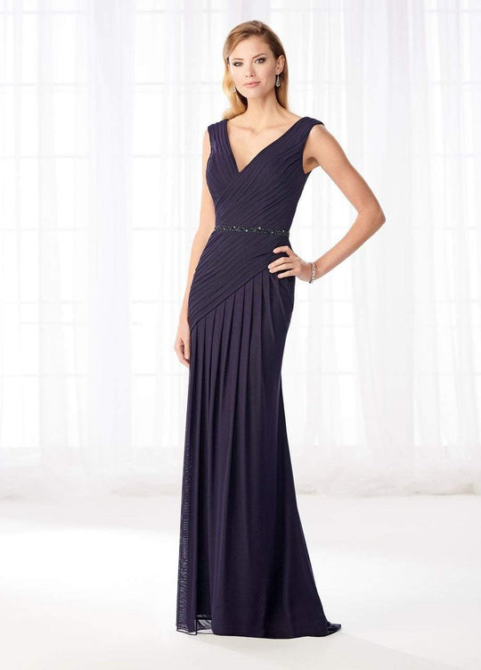 Cameron Blake - 218603 Stretch Mesh Pleated V-Neckline Formal Gown in Blue