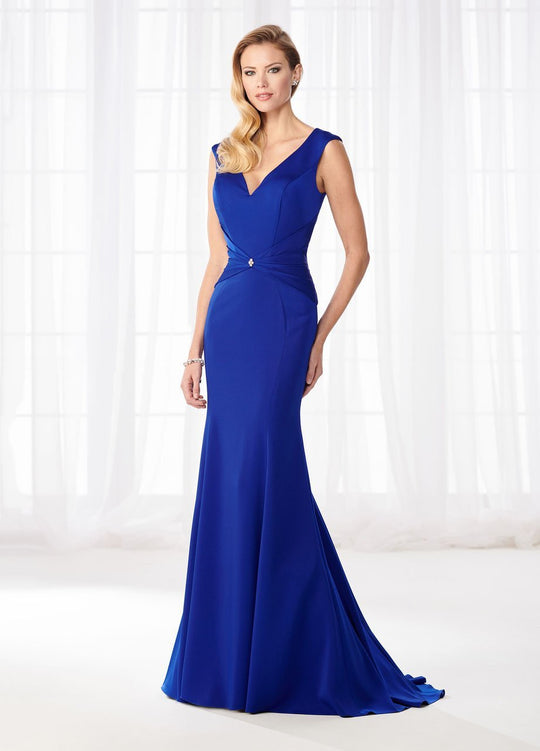 Cameron Blake - 218622W Long V-neck Trumpet Dress With Train in Blue