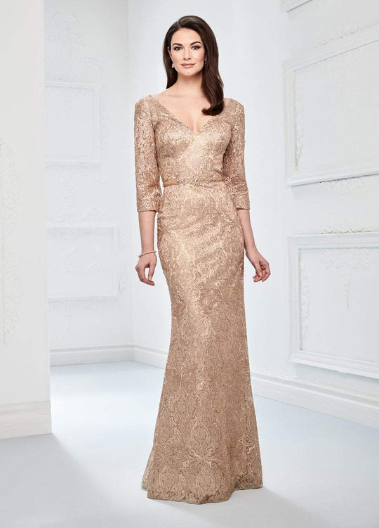 Montage by Mon Cheri - 218910W Shimmer Lace V-neck Trumpet Dress in Gold