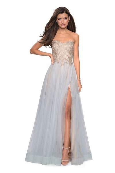 La Femme - 27795 Floral Applique Sweetheart Tulle Ballgown In Blue and Gold