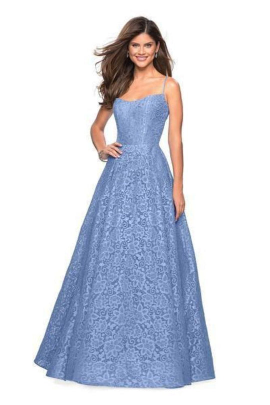 La Femme - 27190 Allover Lace Organza Sleeveless A-Line Formal Dress In Blue