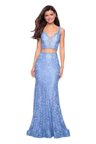 La Femme - 27302 Two Piece Allover Lace Mermaid Gown In Blue