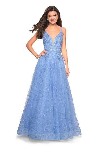 La Femme - 27719 Lace Appliqued Plunging Bodice Sequined Gown In Blue