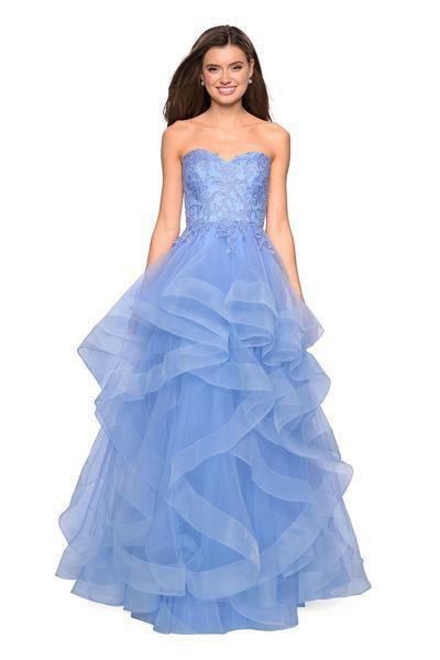 La Femme - 27620 Appliqued Sweetheart Bodice Tiered Tulle Gown In Blue